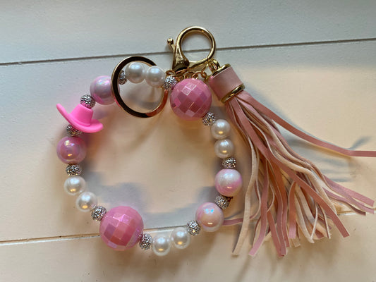 White and pink cowboy hat keychain bracelet